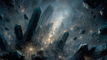 A hyper-detailed cosmic artwork of shattered marble spires drifting in space, glowing faintly with divine symbols, tumbling fragments highlighted by distant starlight,