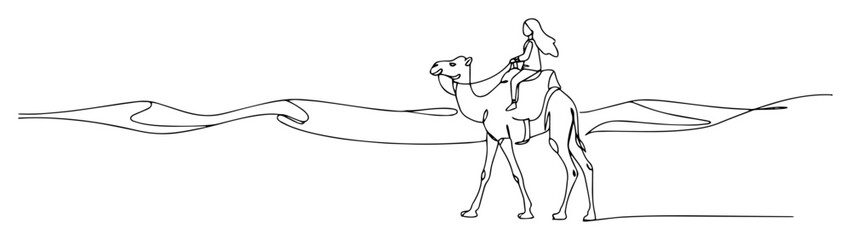 woman riding camel in desert contour monoline vector lineart thin outline engraving