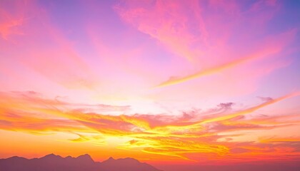 Obraz premium Colorful Sunset Sky with Pink and Gold Clouds Over Distant Horizon Abstract Sky Background