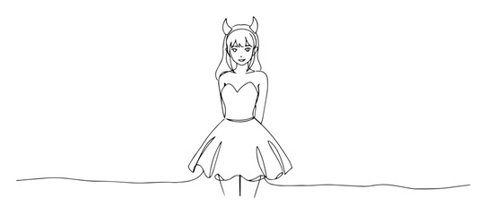 beautiful woman in devil costume continuous one line drawing