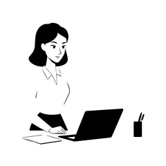 Black and white line art of a beautiful successful career woman working at desk with laptop illustration