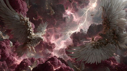 A hyper-detailed aerial scene of angelic and fallen wings entangled in chaotic battle, divine light radiating from the collision, crimson lightning crackling across the storm clouds,