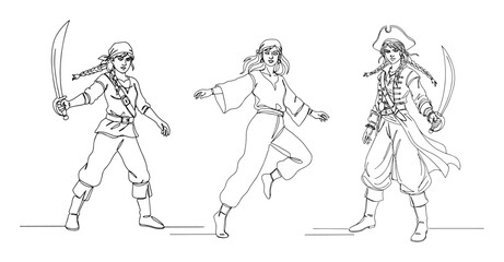 three female pirates with swords monoline thin lineart vector illustration
