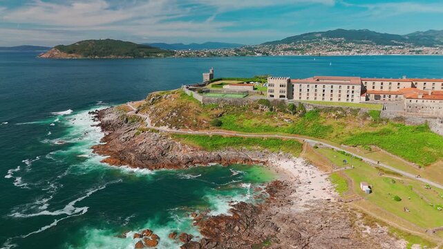 Aerial of Baiona Tourist Town with Medieval Center, Galicia, Spain