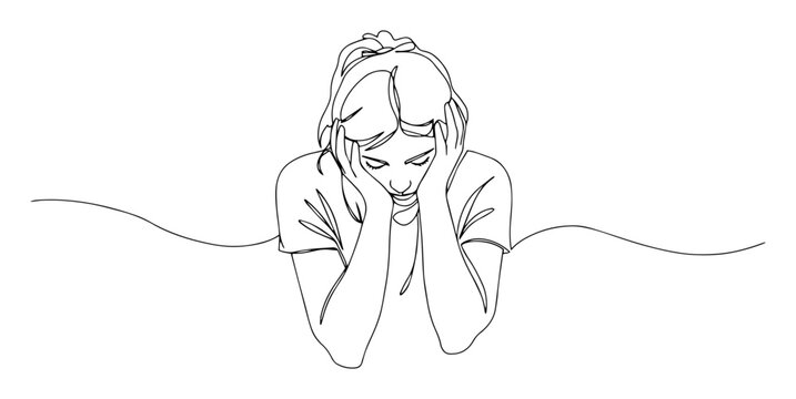 upset woman holding head in hands monoline thin lineart vector design