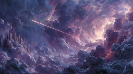 A fantastical scene of Archangel Michael thrusting his glowing spear through storm clouds, radiant light splitting the heavens, crimson and violet lightning illuminating fallen angels falling away,