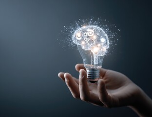 Hand holding a glowing lightbulb shaped like a brain symbolizing innovation and creative thinking.