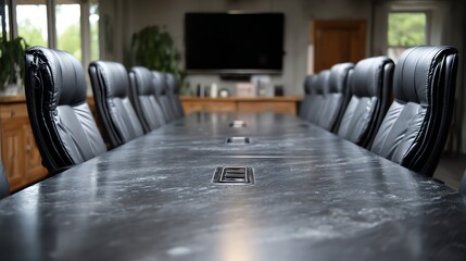 A long conference table with black leather chairs dominates the frame, suggesting a formal and important meeting space, evoking a sense of power and decision-making within a professional setting.
