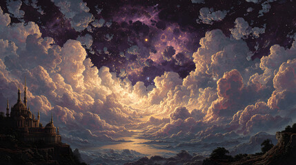 A dreamy cosmic landscape showing shattered marble spires drifting through an infinite void, illuminated by divine golden rays and deep ethereal shadows, crimson and violet nebulae swirling behind,