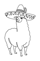 standing llama wearing sombrero festive monoline oneline vector outline