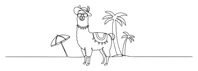 single one line drawing of a funny llama on a tropical beach summer concept vector design