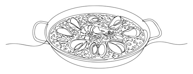 spanish paella with seafood one continuous line drawing vector