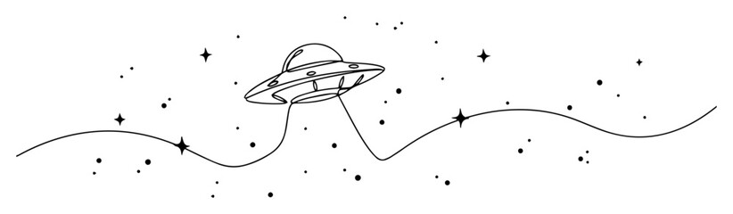 one continuous line drawing of a ufo flying in space with stars minimalist vector illustration