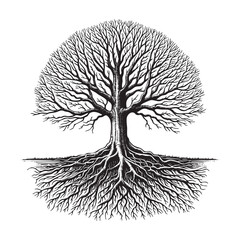 Illustration of tree with intricate root in Black and White