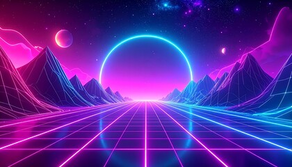 Futuristic landscape with neon grid