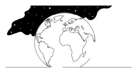 planet earth globe with starry cosmos background continuous line drawing monoline oneline vector outline