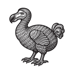 Detailed Black and White Drawing of Dodo bird engraving black and white outline