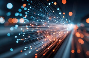 Abstract glowing fiber optic cables transmitting data at high speed.