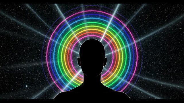 A silhouette of a person with a rainbow halo, an aura around the head against the backdrop of a starry sky. A symbol of inner energy, chakras, evolution of consciousness, or cosmic connection. 