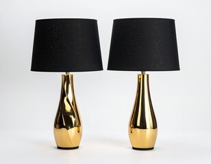 Pair of gold metallic table lamps with black fabric shades;  elegant, swirling bases