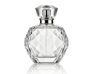 Crystal glass perfume bottle with metallic cap, reflective highlights, isolated on a white background, minimal luxury aesthetic, ultra-realistic, studio light.