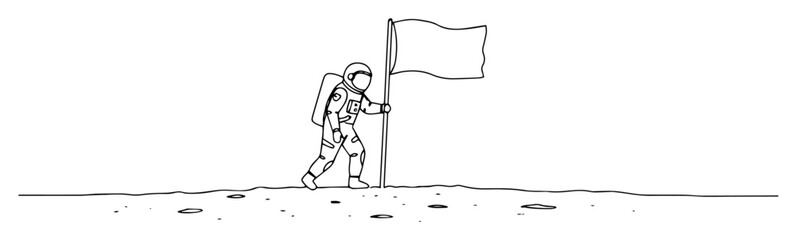 one continuous line drawing of an astronaut planting a flag on the moon space exploration success vector sketch © Wieslaw