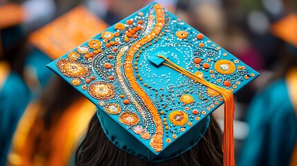 Close up of a decorated blue graduation cap with orange tassels and intricate beadwork
