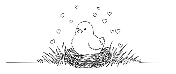 single one line drawing of a cute baby chick in a nest surrounded by hearts easter animal vector lineart