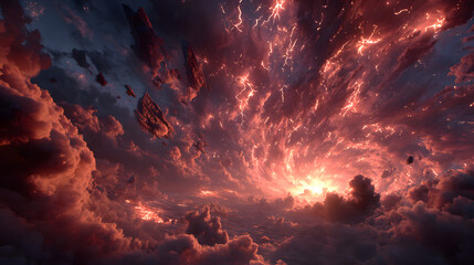 A dramatic cinematic scene of crimson storm clouds spiraling into a vortex, lightning fracturing the atmosphere, the sky splitting open to reveal an endless ocean of stars,