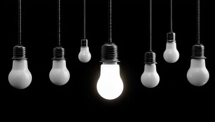 One Bright Idea Shining Light Bulb Concept Against Darkness.