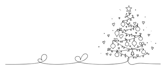 single continuous line drawing of a decorated christmas tree with love hearts festive holiday vector design
