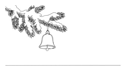 christmas jingle bell hanging on snowy fir branch one continuous line drawing vector art