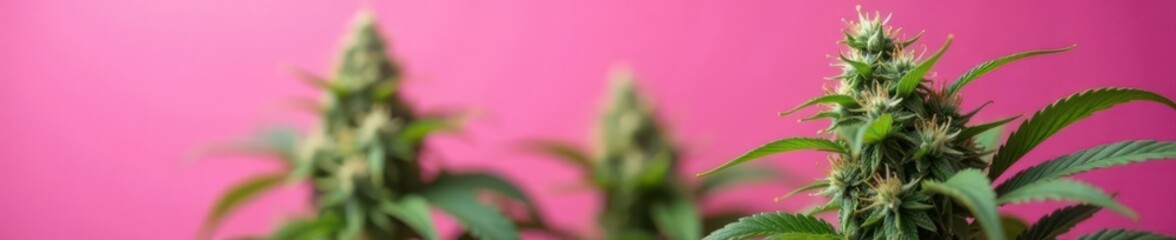 Fototapeta premium Close-up, pink backdrop, blooming medical cannabis with buds, ganja, drug