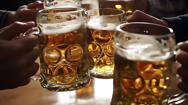 View from above a long wooden table as dozens of golden beer steins are raised in unison for a celebratory toast, their liquid catching the light.