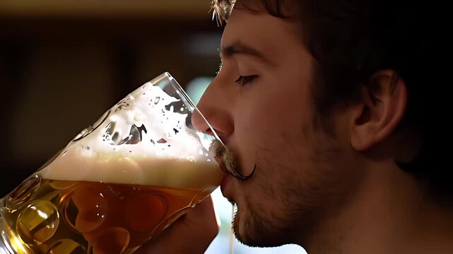 Close-up of a persons head as they take their first long, satisfying drink, creating a foamy mustache on their upper lip.