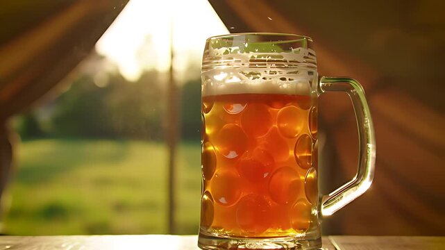 Slow push-in reveals a sun-drenched tent opening, its golden liquid glowing with an almost magical, backlit luminescence.