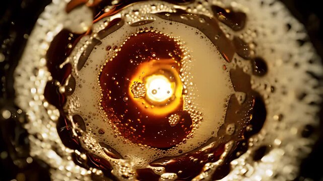 Extreme close-up from inside beer: tiny carbonation bubbles cascade rapidly towards the thick, frothy foam head.