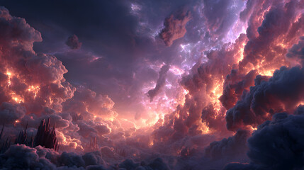 A cinematic wide-angle view of divine and fallen legions colliding mid-air, weapons glowing with divine fire, ethereal wings ablaze, swirling crimson clouds illuminated by violet lightning,