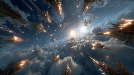 A cinematic wide-angle view of angelic warriors forming radiant formations, ablaze ethereal wings glowing against swirling storm clouds, halos pulsing with divine energy,