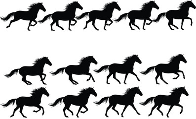 Horse gallop silhouette sequence, black running horse motion, equine locomotion stages, dynamic animal movement, biomechanics reference, animation frame study, vector illustration