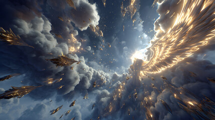 A cinematic wide-angle view of angelic warriors forming radiant formations, ablaze ethereal wings glowing against swirling storm clouds, halos pulsing with divine energy,
