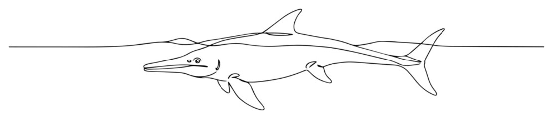 prehistoric ichthyosaur swimming in ocean monoline thin lineart vector illustration