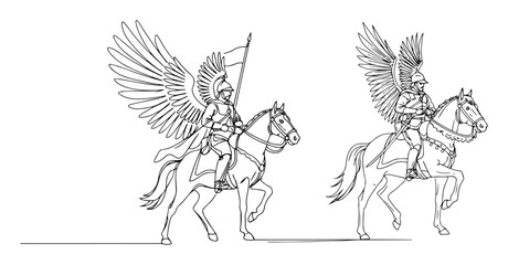 winged hussars riding horses with spears monoline thin lineart vector illustration