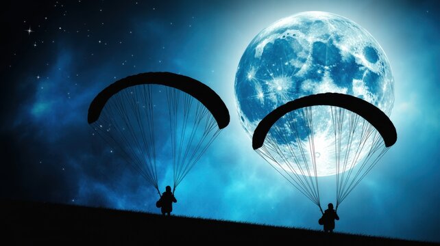 Paragliding Under the Moonlight: Silhouetted figures launch themselves into the night sky, their paragliders soaring against a backdrop of a luminous full moon and starry firmament.
