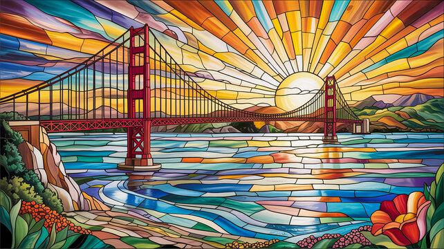 Stained Glass Art of Golden Gate Bridge Sunrise with Vibrant Sun Rays and Water Reflections San Francisco - Powered by Adobe