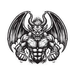 Obraz premium Satan with wings Retro Style Black and White Engraving Illustration