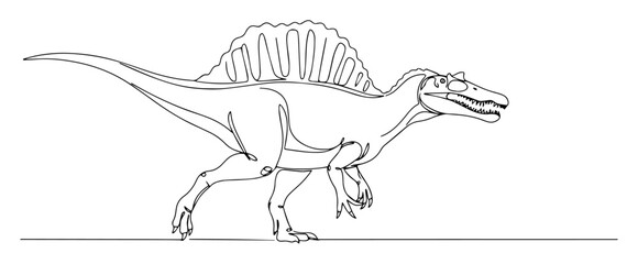 spinosaurus with sail stalking swamp monoline vector sketch