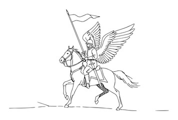polish winged hussar on horseback with flag continuous one line drawing vector historical art