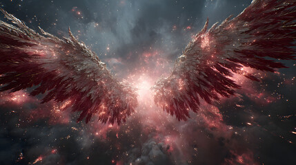 A cinematic wide shot of radiant angelic wings colliding with shadowed fallen wings mid-air, divine energy and crimson lightning illuminating the battlefield,