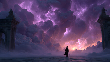A cinematic silhouette of Lucifer standing defiantly before shattered heavenly gates, obsidian sword raised high, violet lightning crackling through swirling storm clouds above,
